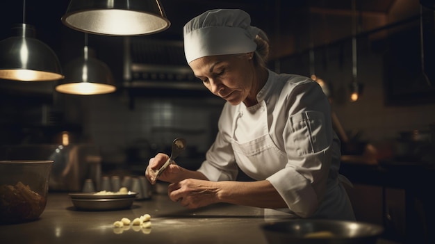 Chef mujer caucásica de 50 años preparando ingredientes en la cocina del restaurante AI generativa AIG22