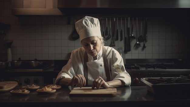 Chef Mujer Caucásica 50s Preparando comida en Cocina AI Generativa AIG22