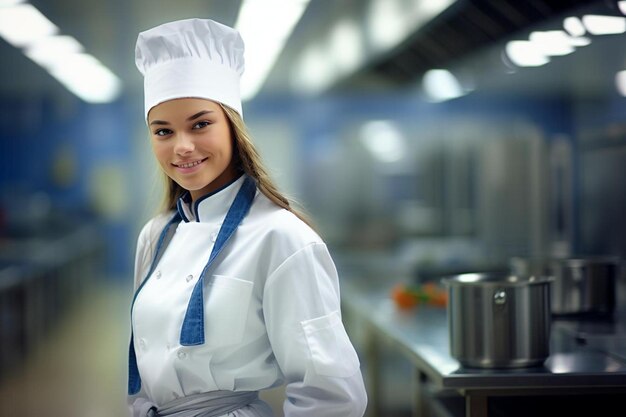 Chef mujer caucásica adulto joven sonrisa amigable pose