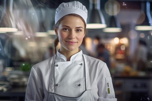 chef mujer sonriendo frente a la cocina gente foto de fondo