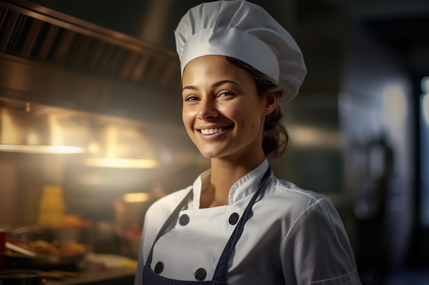 chef mujer sonriendo frente a la cocina gente foto de fondo