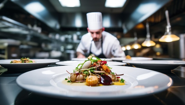 Chef na cozinha de um restaurante a preparar e decorar pratos