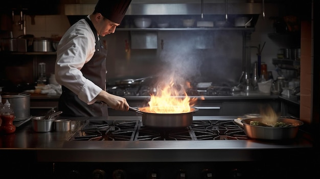 Chef na cozinha de um restaurante usando uma panela para flambar comida Generative AI