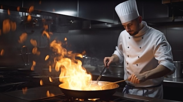 Chef na cozinha de um restaurante usando uma panela para flambar comida Generative AI