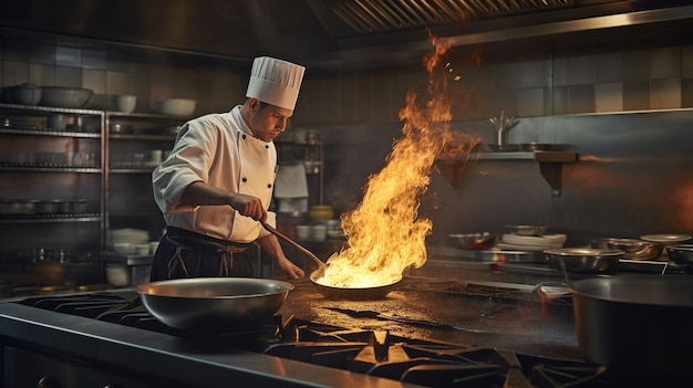 Chef na cozinha de um restaurante usando uma panela para flambar comida Generative AI