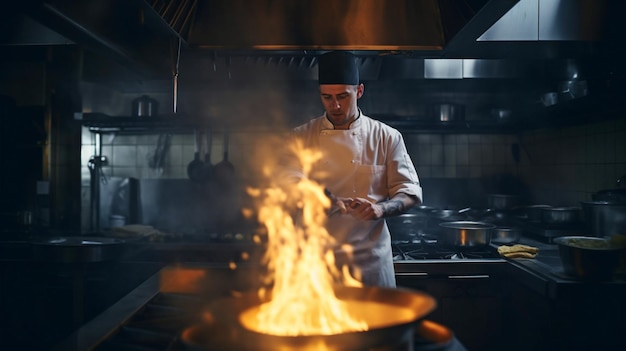 Chef na cozinha de um restaurante usando uma panela para flambar comida Generative AI