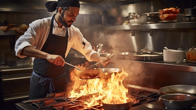 Chef na cozinha do restaurante no fogão com panela fazendo flambe na comida