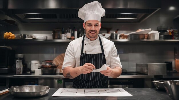 Chef na cozinha mostrando um modelo de papel