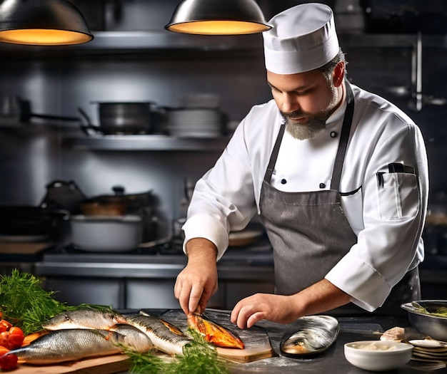 Chef na cozinha preparando um prato de peixe