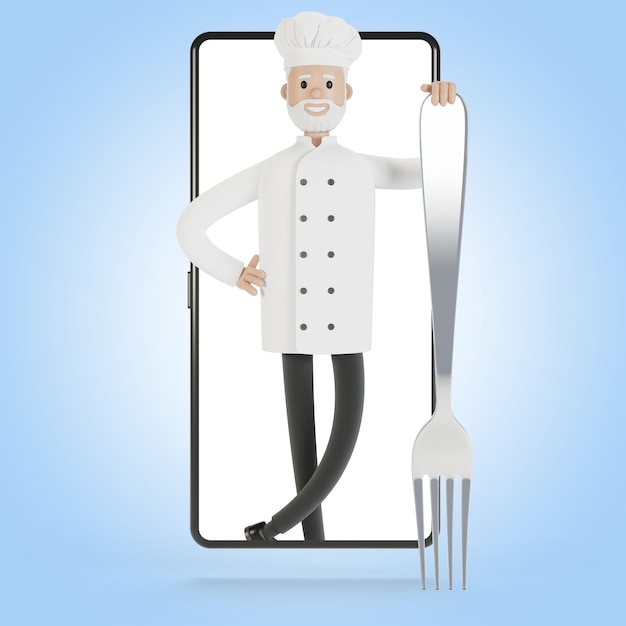 Chef na tela do smartphone Cursos de culinária online culinária adequada Entrega do restaurante ilustração 3D em estilo cartoon