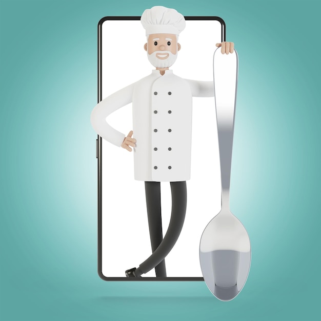 Chef na tela do smartphone Cursos de culinária online culinária adequada Entrega do restaurante ilustração 3D em estilo cartoon