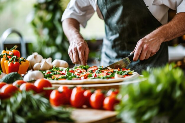 Chef no avental a preparar vegetais e salada de pizza