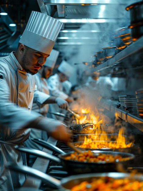 Foto chef ocupado en la cocina del restaurante con movimiento borroso de la cocina