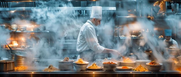 Chef ocupado en la cocina del restaurante con movimiento borroso de la cocina