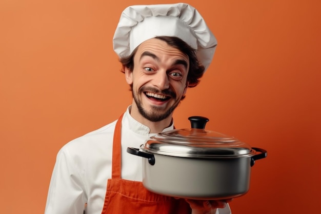 Un chef con una olla de comida.