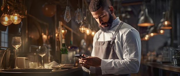 chef ou bartender em um telefone celular no restaurante no estilo de tons suaves de terra