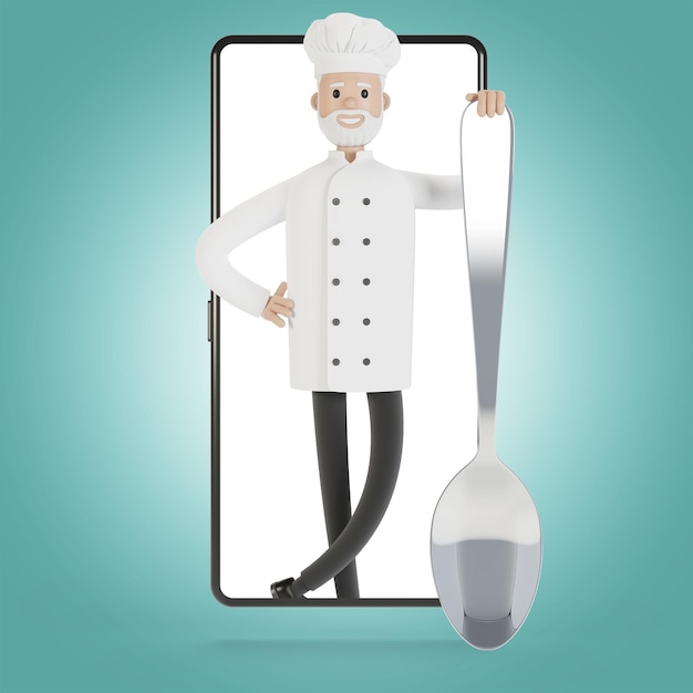 Chef en la pantalla del teléfono inteligente Cursos de cocina en línea Cocina adecuada Entrega desde el restaurante Ilustración 3D en estilo de dibujos animados