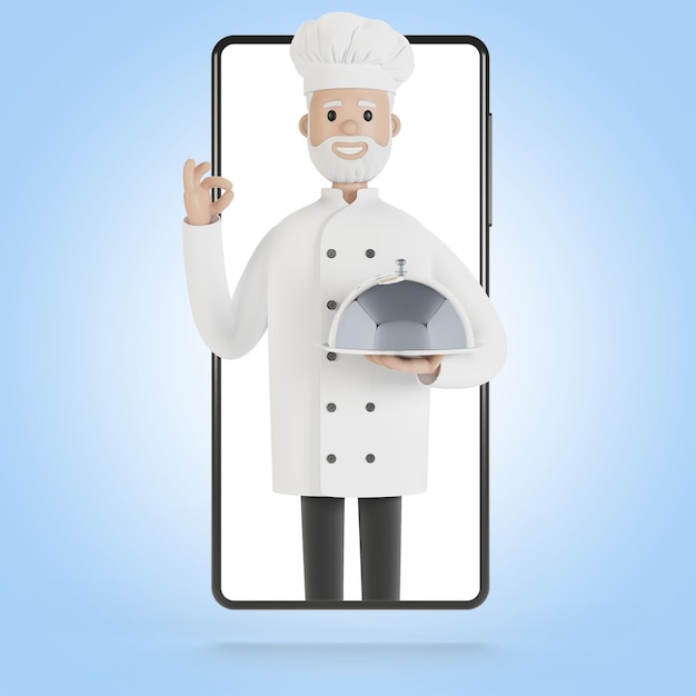 Chef en la pantalla del teléfono inteligente Cursos de cocina en línea Cocina adecuada Entrega desde el restaurante Ilustración 3D en estilo de dibujos animados