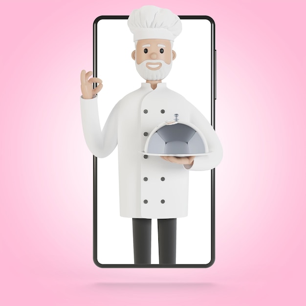 Chef en la pantalla del teléfono inteligente Cursos de cocina en línea Cocina adecuada Entrega desde el restaurante Ilustración 3D en estilo de dibujos animados