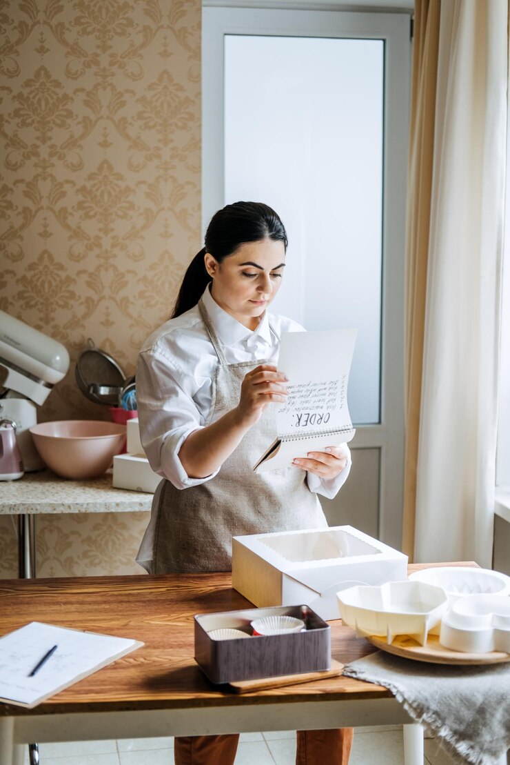 Foto chef pastelera panadera preparando pastel orden mujer árabe asiática haciendo pastel para entrega en línea