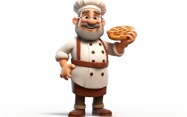 El chef de pastelería caprichoso en fondo blanco en 3D