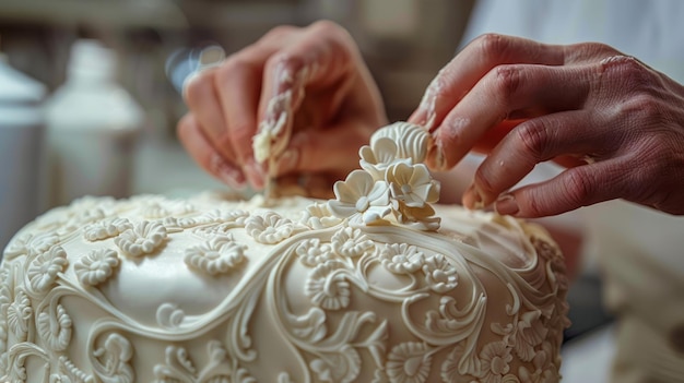 Chef de pastelería decorando lujosos pasteles artísticamente en la confitería