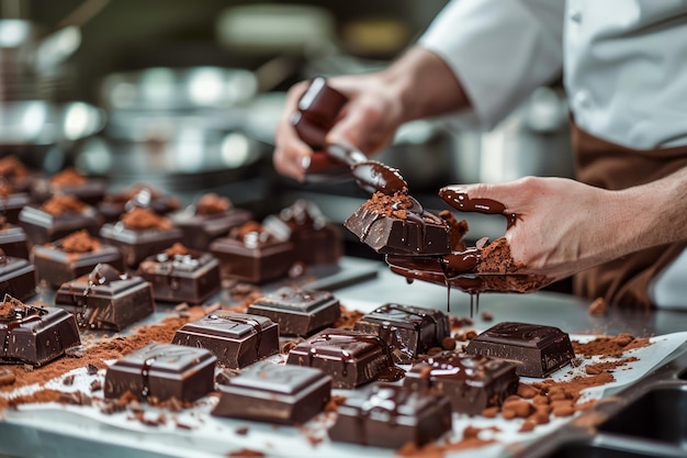 Chef de pastelería profesional decorando postres de chocolate hechos a mano en un taller de confitería artesanal