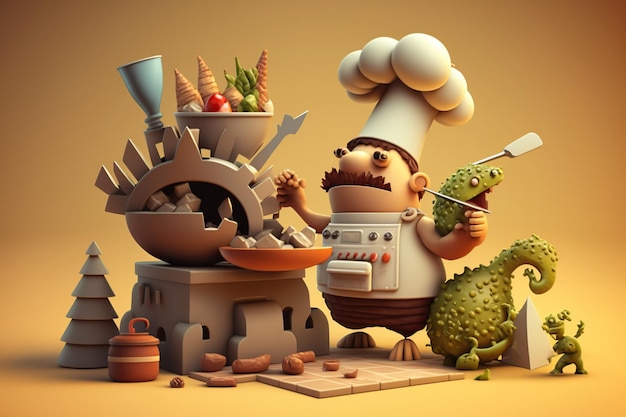 Chef personaje de dibujos animados estilo de renderización 3D AI Generado