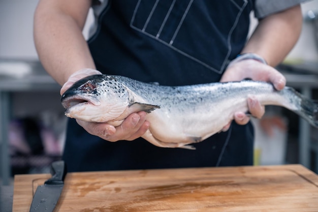 Chef con un pescado salmón en la cocina.