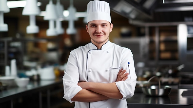 Un chef de pie en una cocina con los brazos cruzados.
