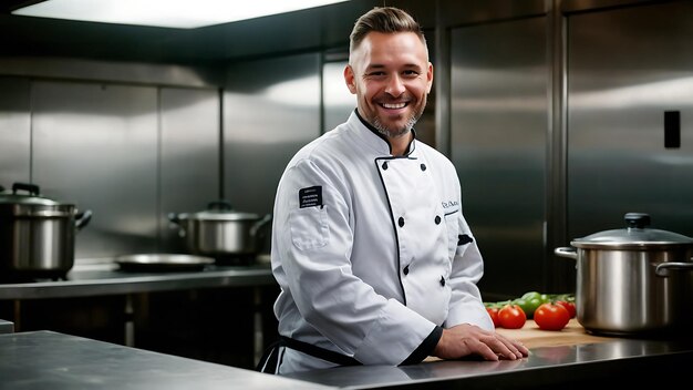 Foto un chef de pie en una cocina con una olla grande detrás de él