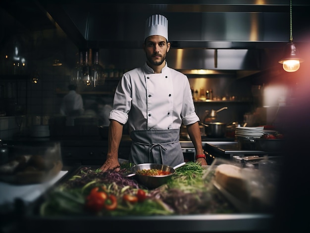 El chef de pie en la cocina del restaurante