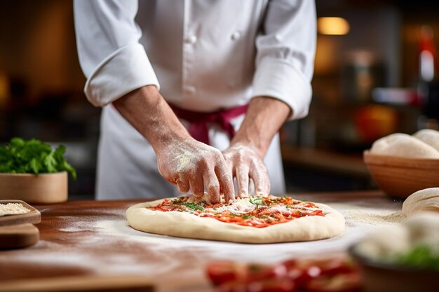 Un chef de pizza girando la masa con coberturas de carne en el fondo