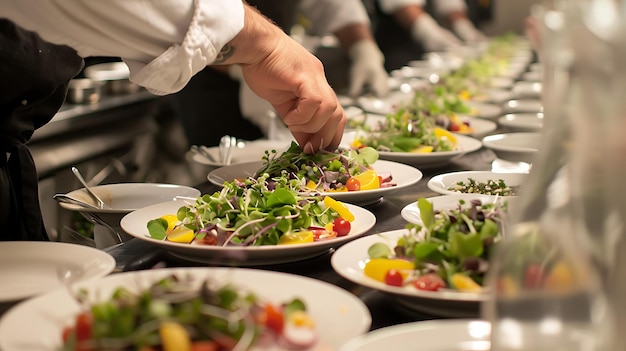 Foto el chef platina una ensalada en una cocina comercial las verduras de la ensalada están cubiertas con verduras de colores y un aderezo ligero