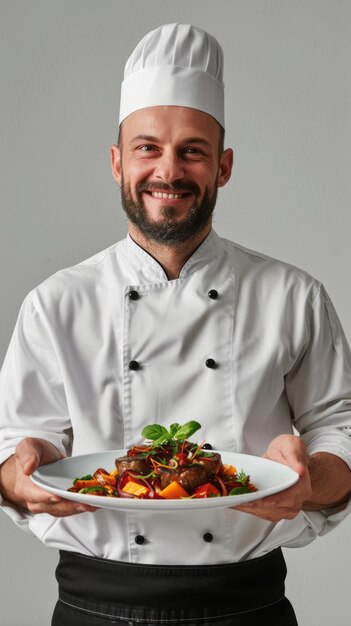 Foto el chef con un plato de comida