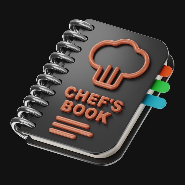 Chef premium e ícone de livro de receitas de cozinha renderização 3d em fundo isolado