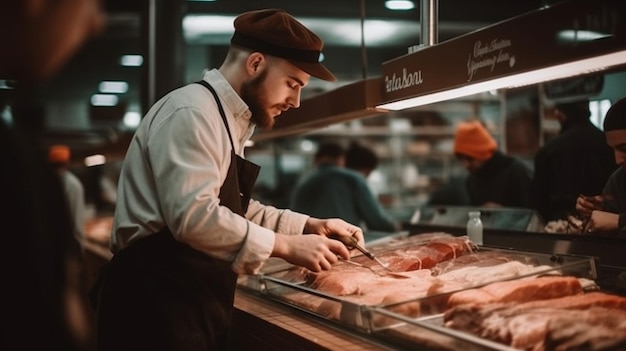 Un chef prepara carne en el mostrador de un carnicero.