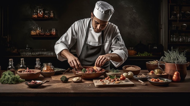 Un chef prepara comida en una cocina con un cartel que dice 'comida'