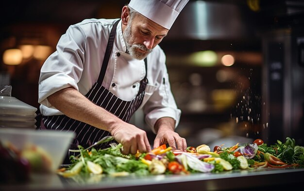 El chef prepara ensaladas en la cocina del restaurante.