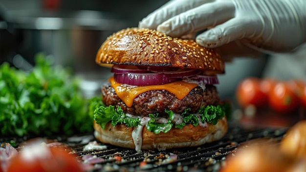 Foto el chef prepara una hamburguesa una hamburguese en un fondo con ingredientes