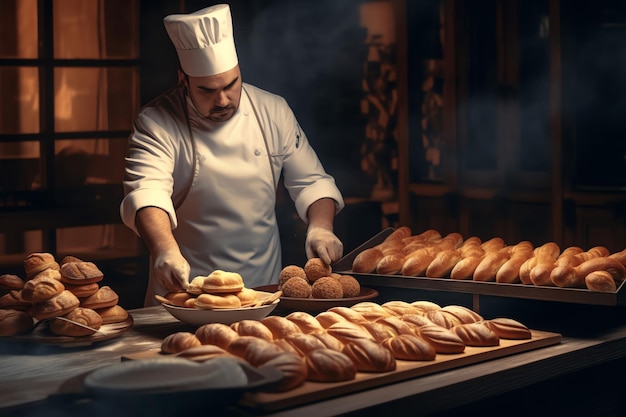 Un chef prepara pan en una panadería.