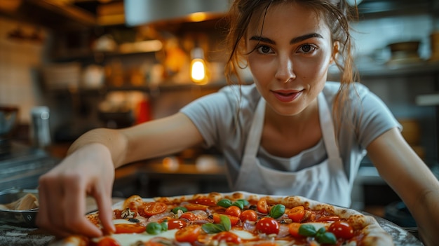 La chef prepara la pizza añadiendo ingredientes en la pizzería italiana de pizza casera