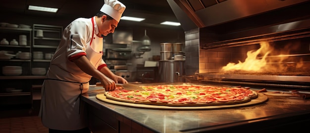 Chef prepara pizza en la cocina de un restaurante