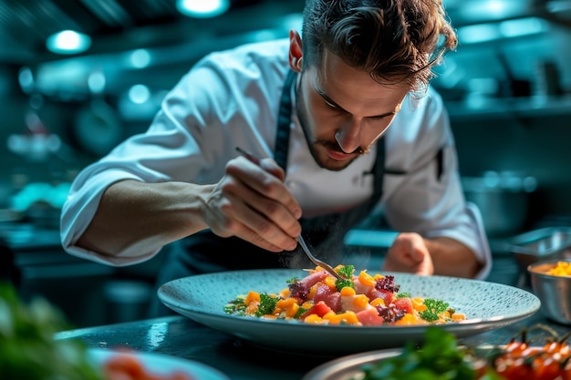 El chef prepara un plato gourmet en la cocina