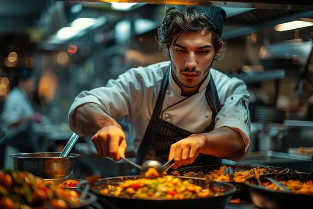 El chef prepara un plato gourmet en la cocina