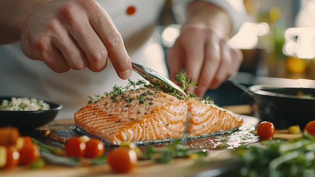 El chef prepara un plato de salmón rico en Omega3 en la cocina moderna
