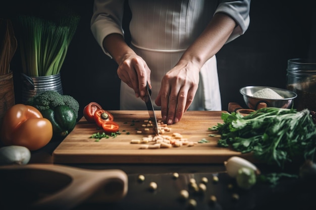 Chef preparador de refeições cortando e cozinhando ingredientes frescos para uma refeição saudável criada com IA generativa