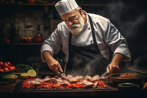 Chef preparando autêntico kebab turco de Iskender