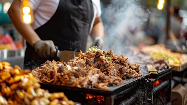 chef preparando Carnitas mexicanas en un mercado de comida callejera