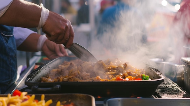 Chef preparando Carnitas mexicanos em um mercado de comida de rua
